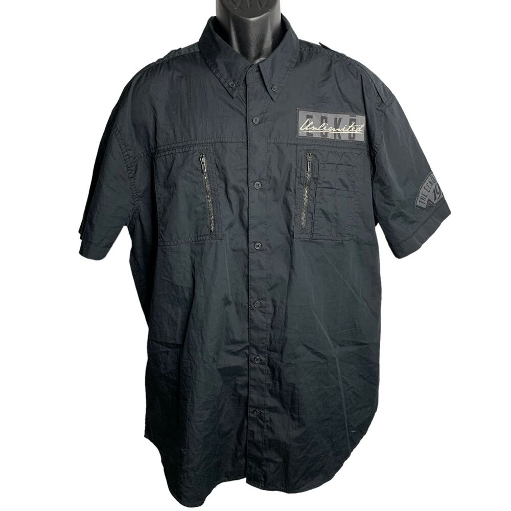 Ecko Unltd Button Down Utility Shirt 2XL Black Short Sleeves Zippered Pockets